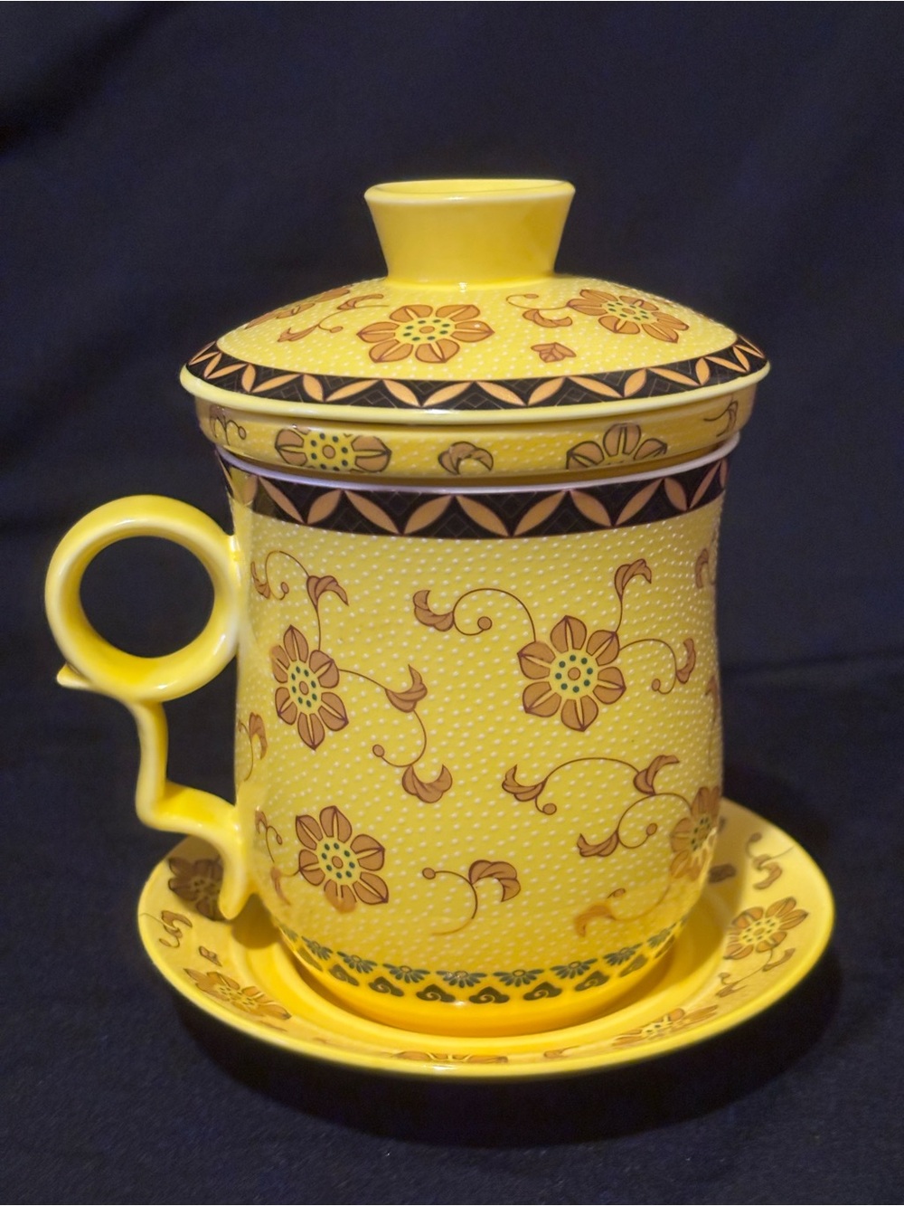 Yellow Floral Ceramic Tea Mug w/ Infuser and Saucer